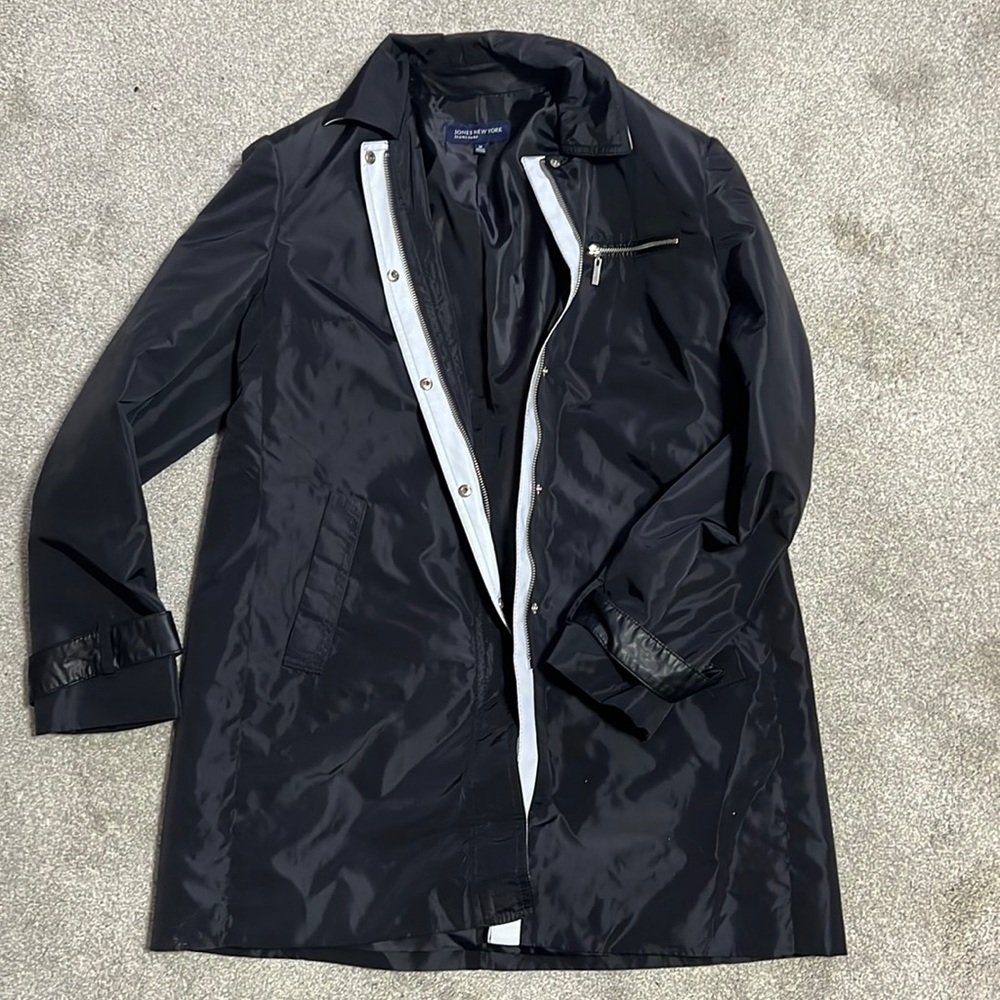 Jones New York jacket perfect for rainy weather with faux leather detail